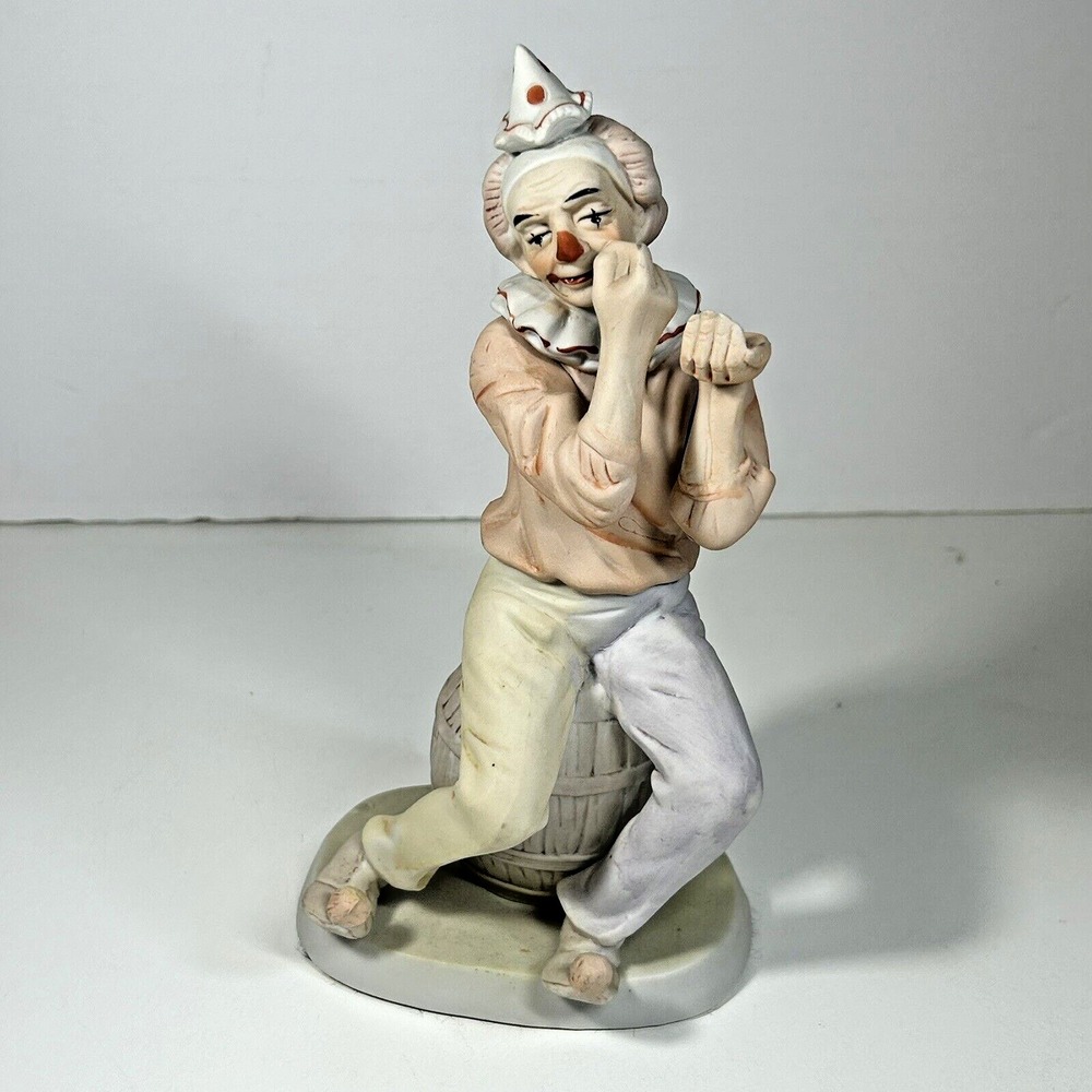 Vintage Clown On Barrel Porcelain Figurine